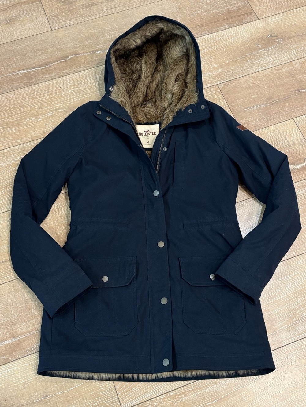 Hollister Faux Fur Lined Hooded Parka Jacket Women’s M Navy Blue